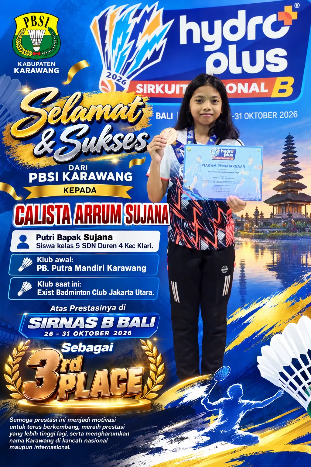 CALISTA ARRUM SUJANA RAIH PRESTASI DI SIRNAS B BALI 2026, HARUMKAN NAMA KARAWANG